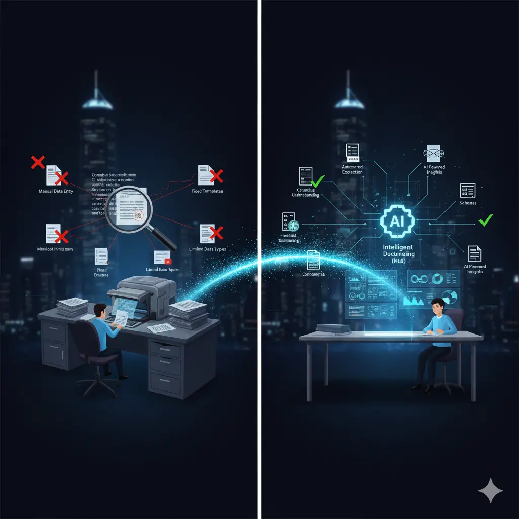 Comparison of traditional OCR limitations versus IDP capabilities